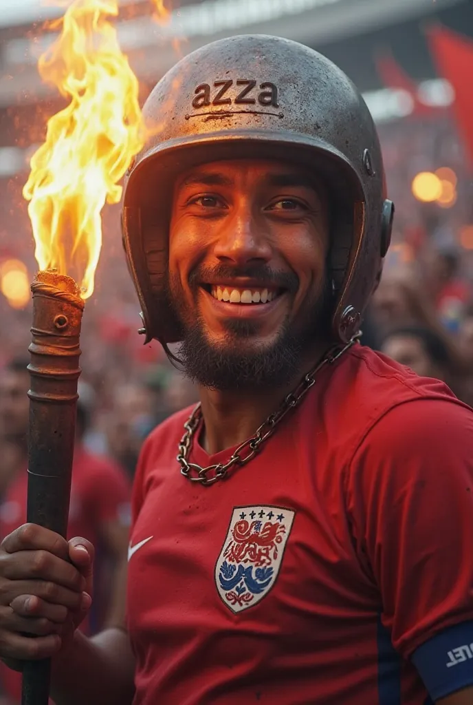 An English soccer fan with Bengali torch in hand and steel helmet on his head. On the helmet is AzzA