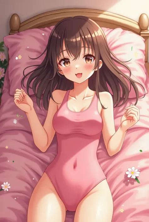 Cute thirteen year old brown haired girl sticking out the tongue in her pink bed in her pink swimsuit (anime version)