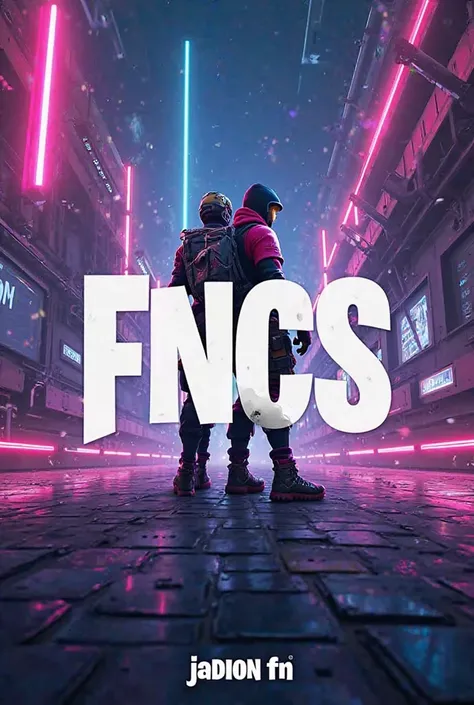 Please make a cover for the song with the FNCS lyrics and the bottom with small letters JADON FN and the background for the Fortnite game 