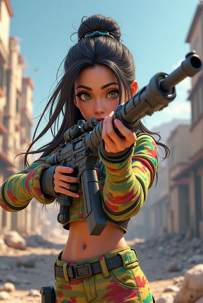 Create a hyperrealistic image of a girl with a sniper in her hand holding a and a text written in front of her written Barbi Marley 3D cartoon colorful clothing war clothes