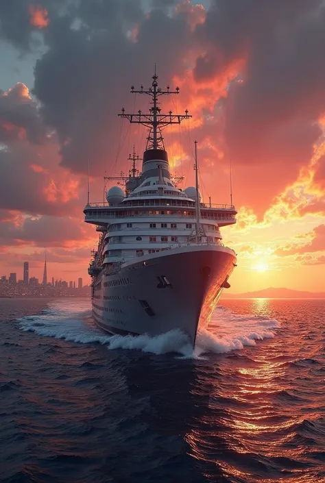 ocean big ship sunset city lights