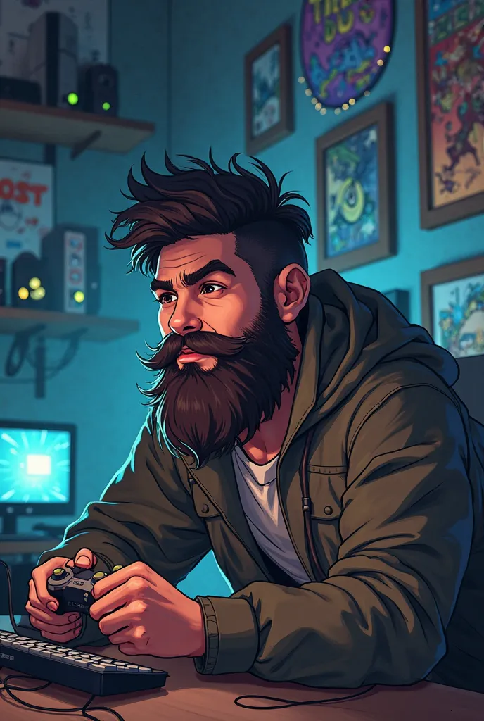 A bearded man in a Dofus manga playing a video game 