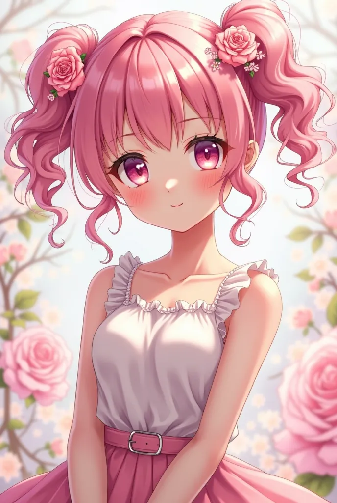 Anime girl with pink hair and pink eyes with short curly ponytails and roses in hair with white tanktop with ruffle straps and a pink skirt 