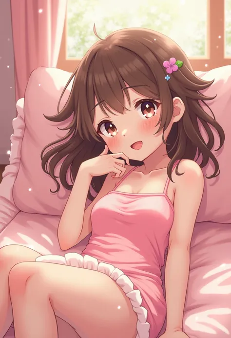 Cute thirteen year old brown haired girl sticking out the tongue in her pink bed in her pink swimsuit (anime version)