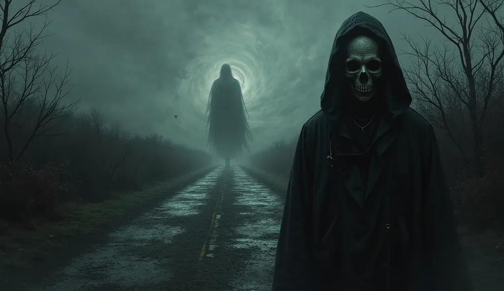 A dark, macabre and sinister road and unite the silhouette of a ghostly figure on the road. And in the foreground a ghostly face, Pale with an empty look looking at the camera