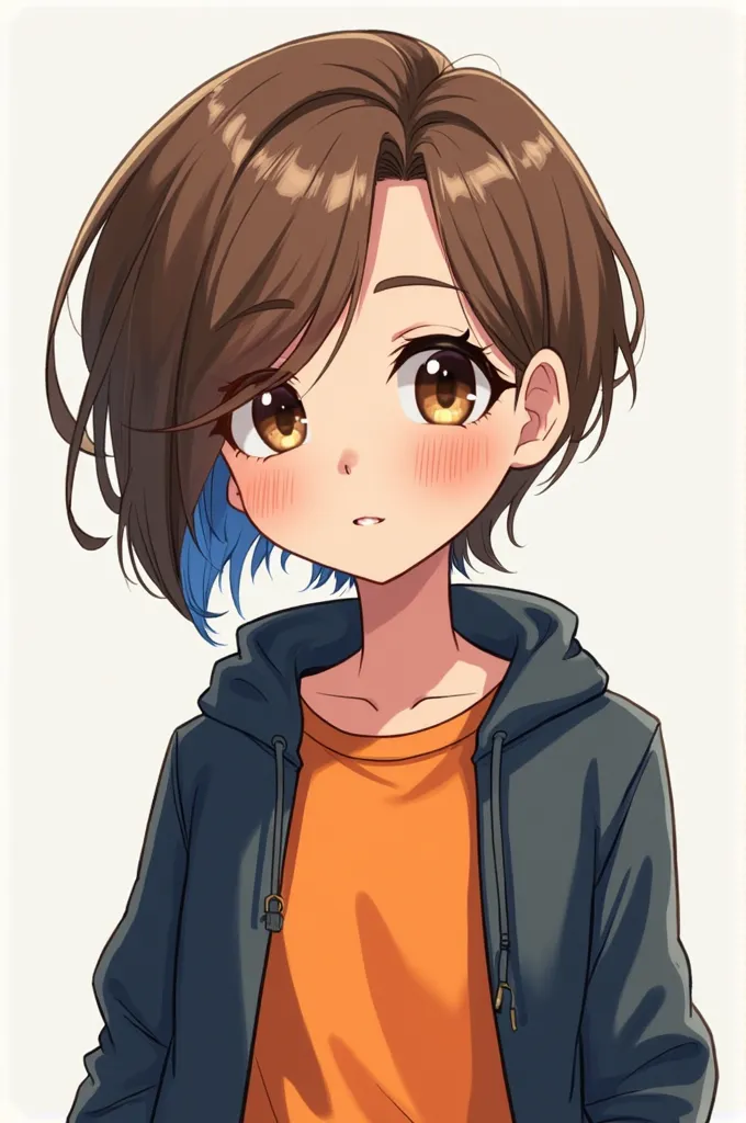 Une image de dessin animé d'une fille au cheveux d'un côté très court et de l'autre court, Chestnut with a few blue locks, with brown eyes, with an orange and blue sweatshirt and a black jacket