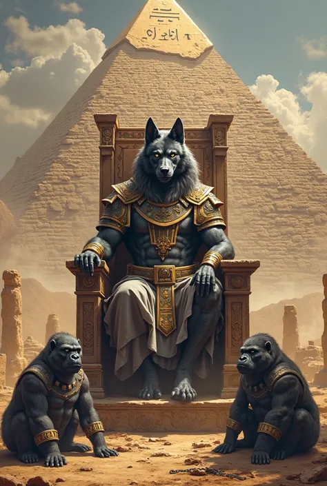 A wolf god with Egyptian warrior armor sitting on a throne with pyramids. On voit sur la pyramide écrit : LA1 . Two gorillas in chains with Ckl and Wgz spelled