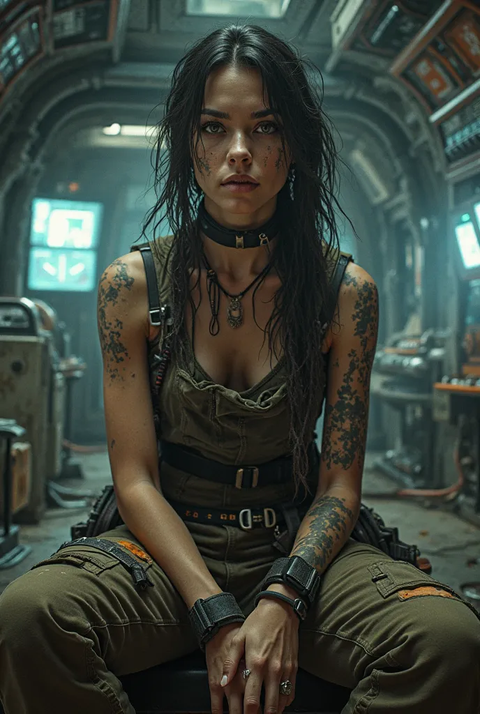 female human, realistic photography, sci-fi, hdr, cinematic light, leader of a orbital station, retro cyber future, scavenger style,  old bruises as past scars, full body, sitting in a center space of the orbital station, dark ambience, survival sci-fi sty...