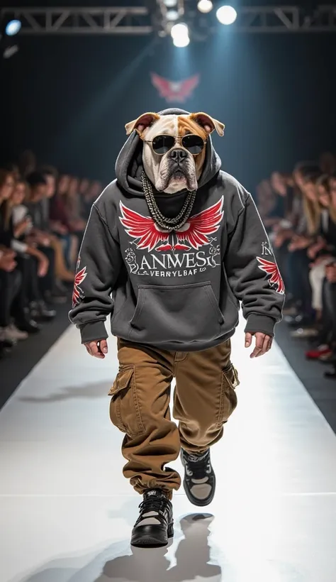 A muscular English Bulldog confidently struts down a sleek fashion runway, wearing an oversized hoodie with bold graffiti designs, baggy cargo pants, and chunky sneakers. A pair of stylish sunglasses and a silver chain complete the edgy streetwear look. Th...