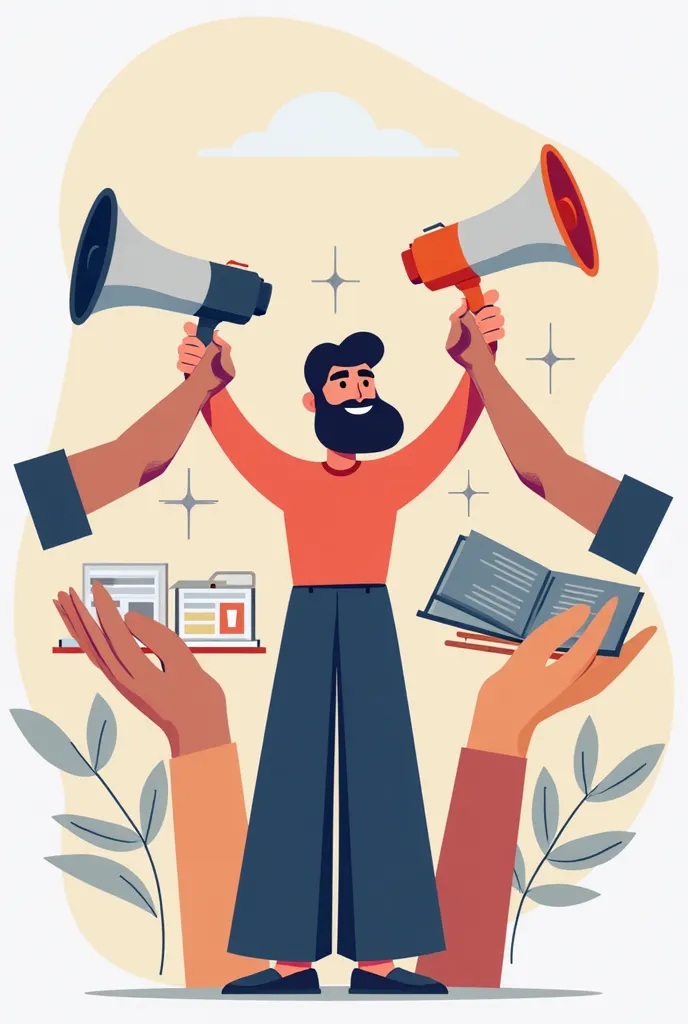 Symbol of a student character: A megaphone, speaker symbol, hands that represent other students and a book that represents education 