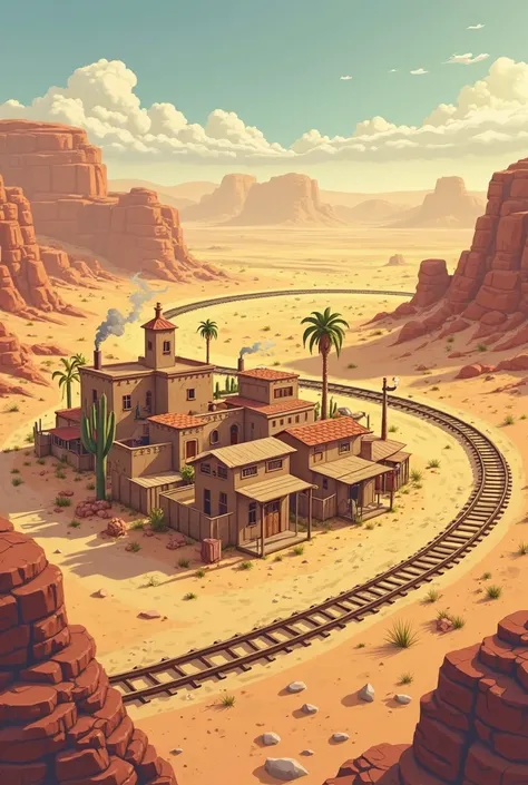 RPG map in a desert with some houses in 2d and a train track at the end of the map with more houses