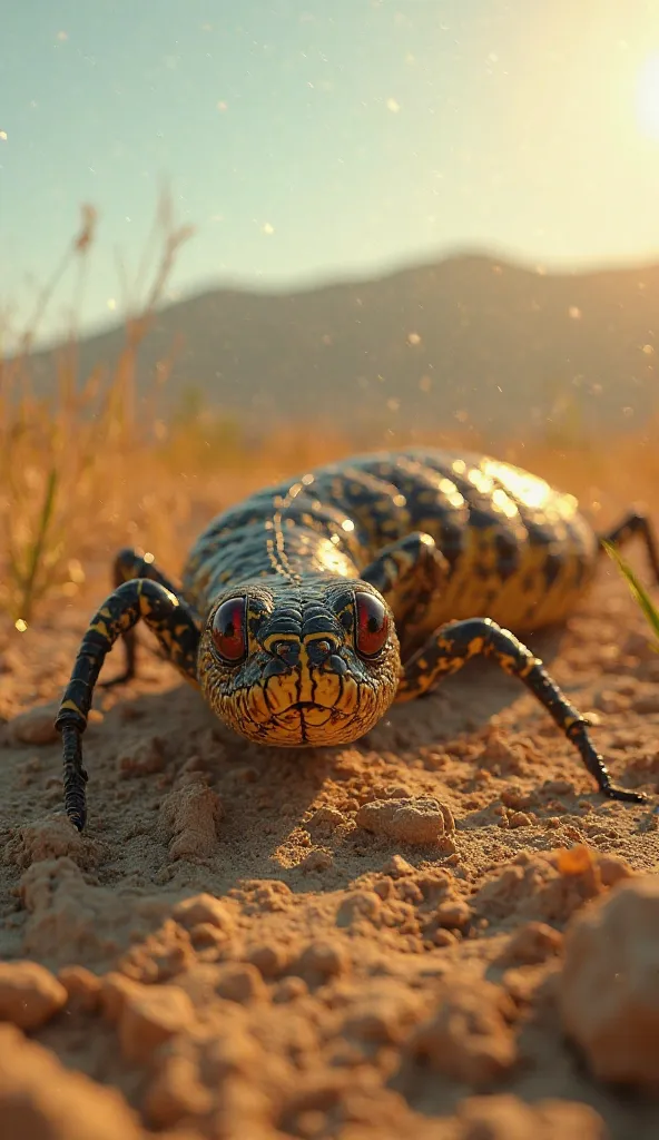 Cinematic, UHD, realistic 4K. Under the blazing Texas sun, an unholy fusion of an Eastern diamondback rattlesnake and a giant American paper wasp slithers through the brittle grass, its segmented body pulsating with a low, menacing hum. Each movement sends...