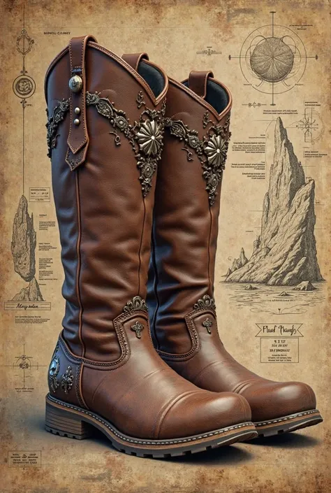 Magical boots, brown leather, quarry stone soles, mountain ornament on the boot, glitters slightly, fantasy, DnD, artifact, blueprint, 
