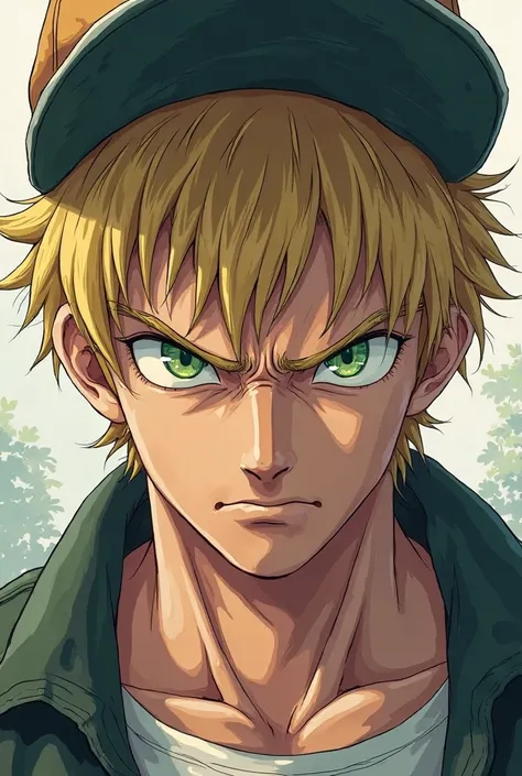 Please,  Create an image of a man,  blond haired clothes, green eyes, angry and determined behavior, wearing a cap,  designed in anime style 