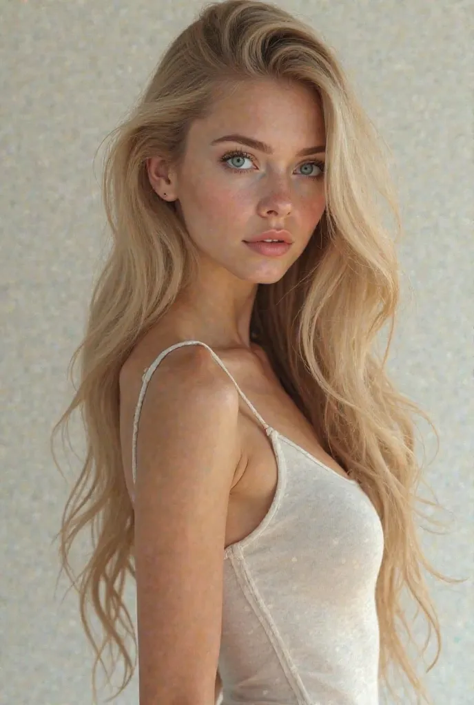 Create a Skinny Blonde Woman Boobs,  blue eyes, long hair, with a more realistic body 