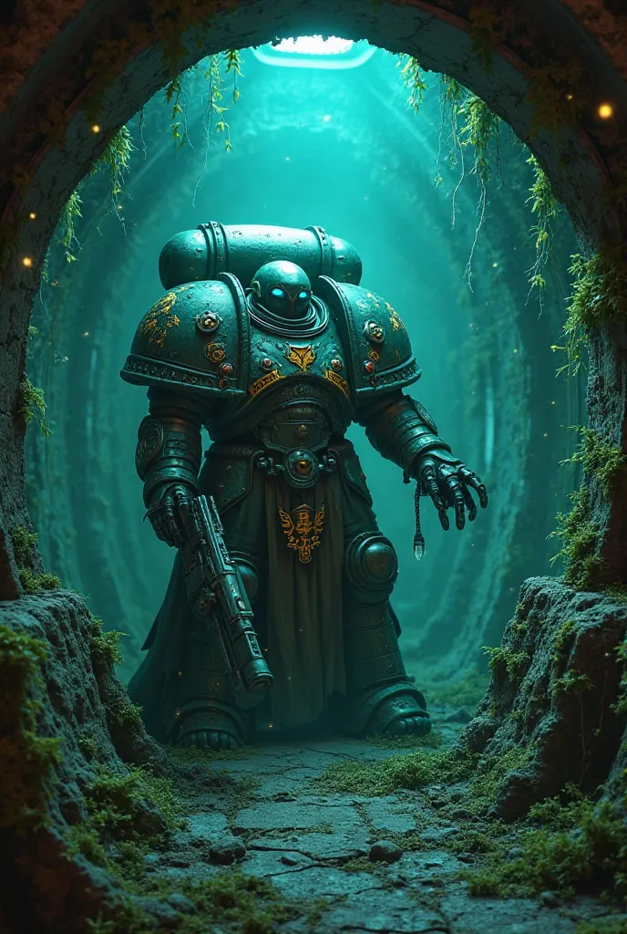 Death guard, Warhammer 40k,  intérieur du vaisseau spatial, intérieur, machine, armée , lumières bleu sur les torches, obscur, grimdark, lumière d'ambiance verte, rajoute de la décrépitude, rajoute de la verdure comme des ronces et de la mousse