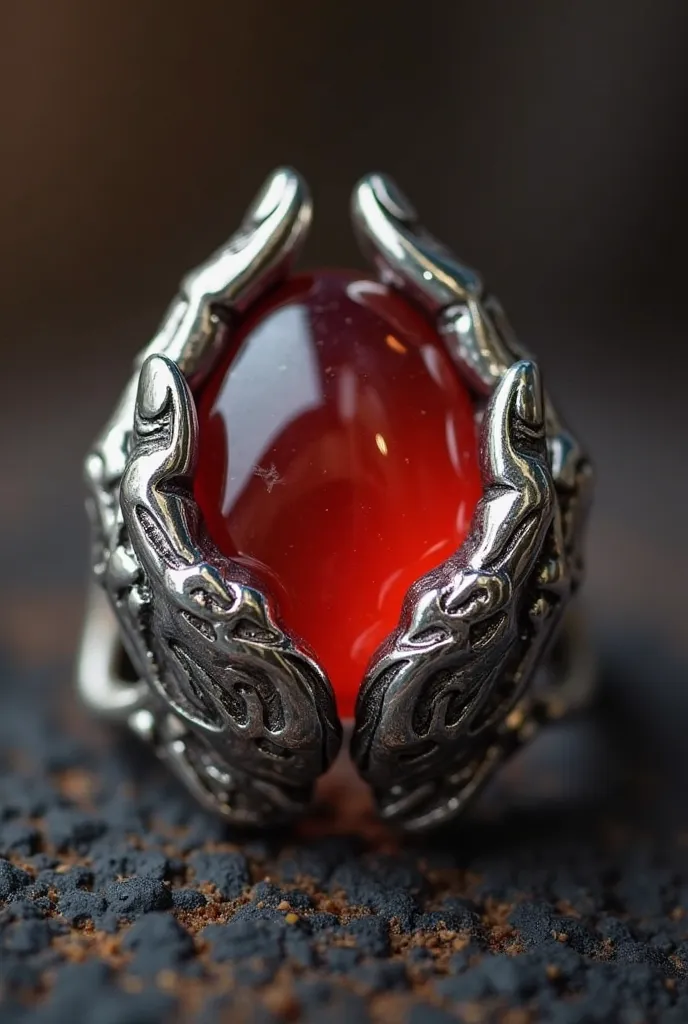 A silver ring in the shape of two hands holding a red agate stoneA silver ring in the shape of two hands holding a red agate stone