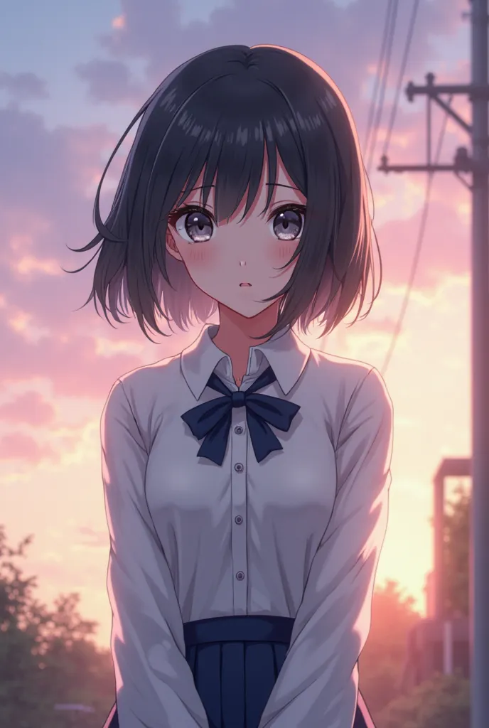 Draw a beautiful anime 18 year old girl with gray eyes and black hair. In high school uniform. Early dawn background. the position is , where her hands are hidden