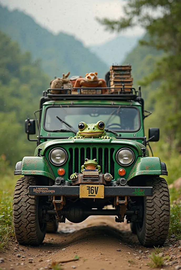 Une jeep verte bien équipée pour les camping avec une mini bibliothèque . 
On the hood of the car, there is a frog logo