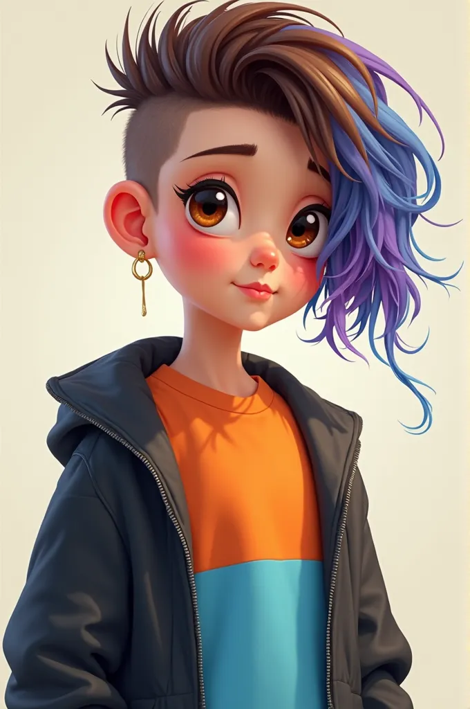 Une image de dessin animé d'une fille au cheveux d'un côté très court et de l'autre court, chestnut with blue and purple locks, with brown eyes, with an orange and blue sweatshirt and a black jacket