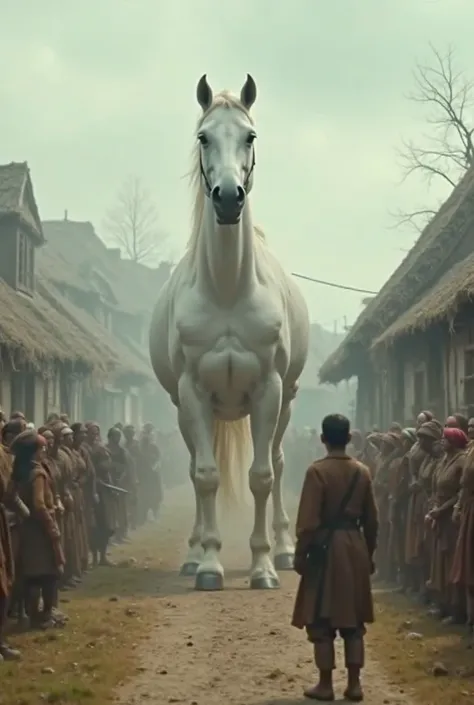 This image appears to be an AI-generated or digitally manipulated scene of a giant white horse entering a village, with villagers reacting in awe and surprise. The exaggerated scale of the horse makes it look mythical or surreal. It seems to be a screensho...