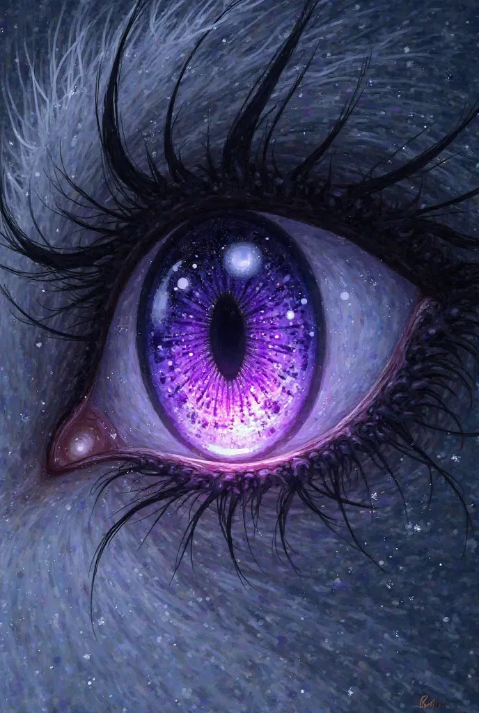 Fait dans un style manga, a purple eye pupil with a stylish pattern that makes you think of the moon and wolves 