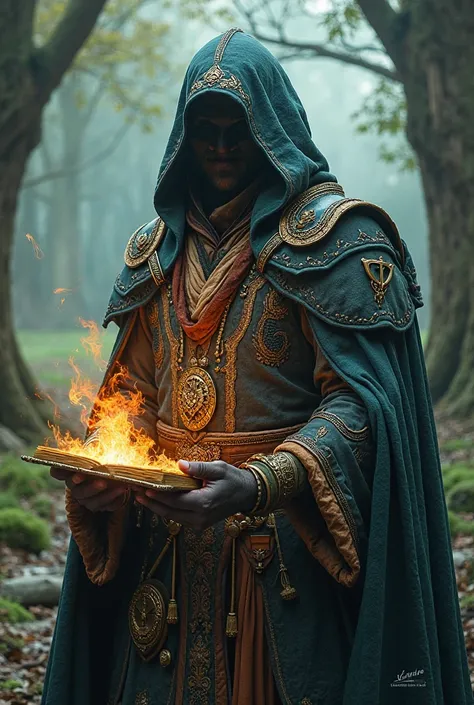 • Character: A mysterious sorcerer or hero. He may be holding a glowing book or a magical object in his hand.
	• Detail: The clothes of the character in the medieval style, can be very colorful and detailed. The background can be a fantastic forest or an a...