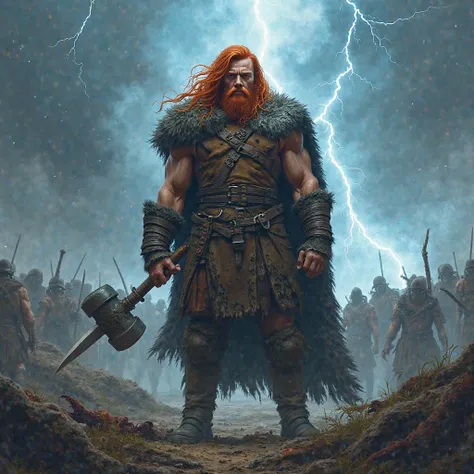 A red-haired Viking warrior, with a sword in his hand. In the other he holds a Mjölnir.  Battlefield background, Dead warriors on the ground. Storm with lightning in the sky.