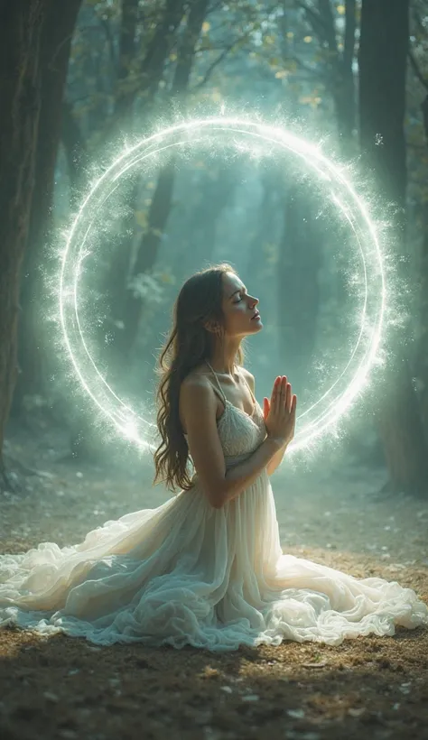 Person praying on their knees with their hands together looking at the sky and around her a circular shield like a transparent magnetic field like a realistic bubble 