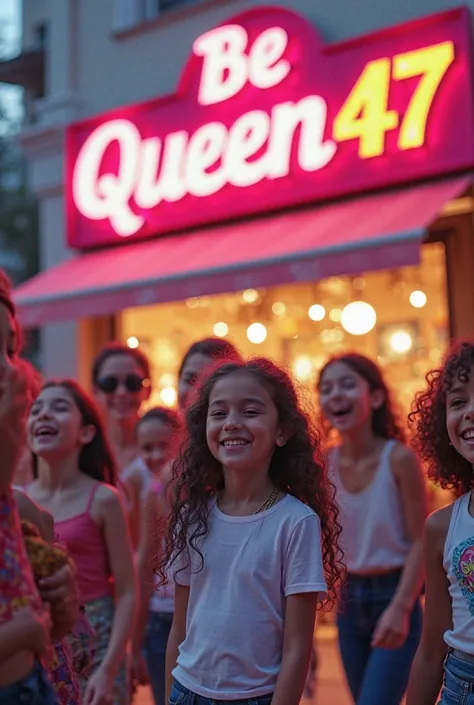 Girls and boys celebrate in front of a clothing store called.    Be Queen47 