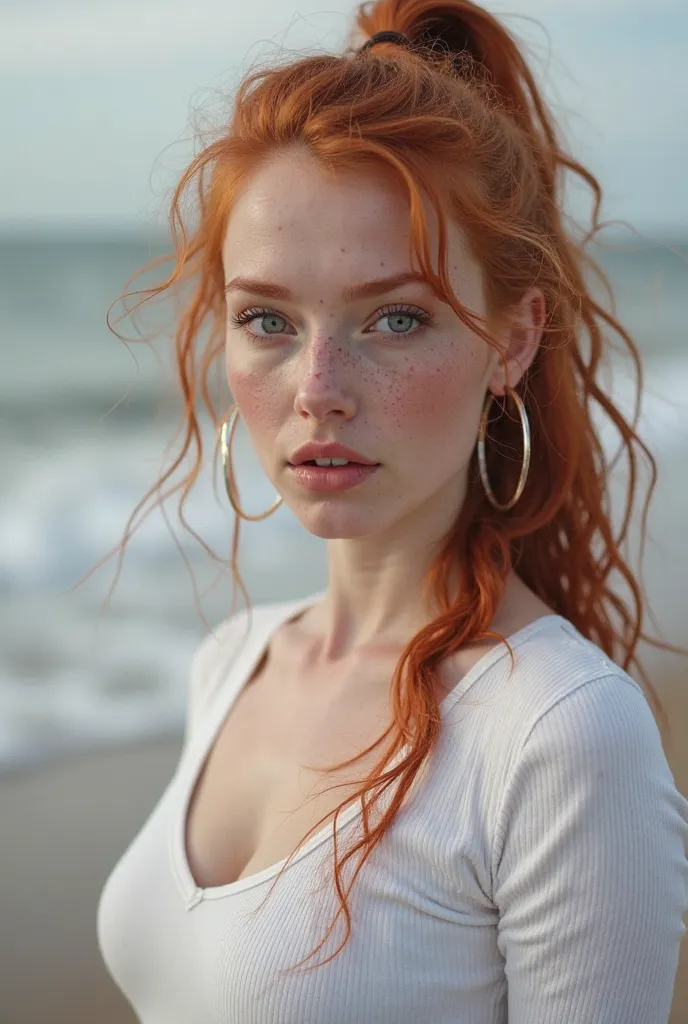 score_9, score_8_up, score_7_up, score_6_up, 1 girl, 20 year old model, beautiful breasts, redhead, 20 years old, pale white skin, freckles, no makeup, natural, tight white long sleeve, hoop earrings, huge eyes, high sleek ponytail, red hair, long intricat...