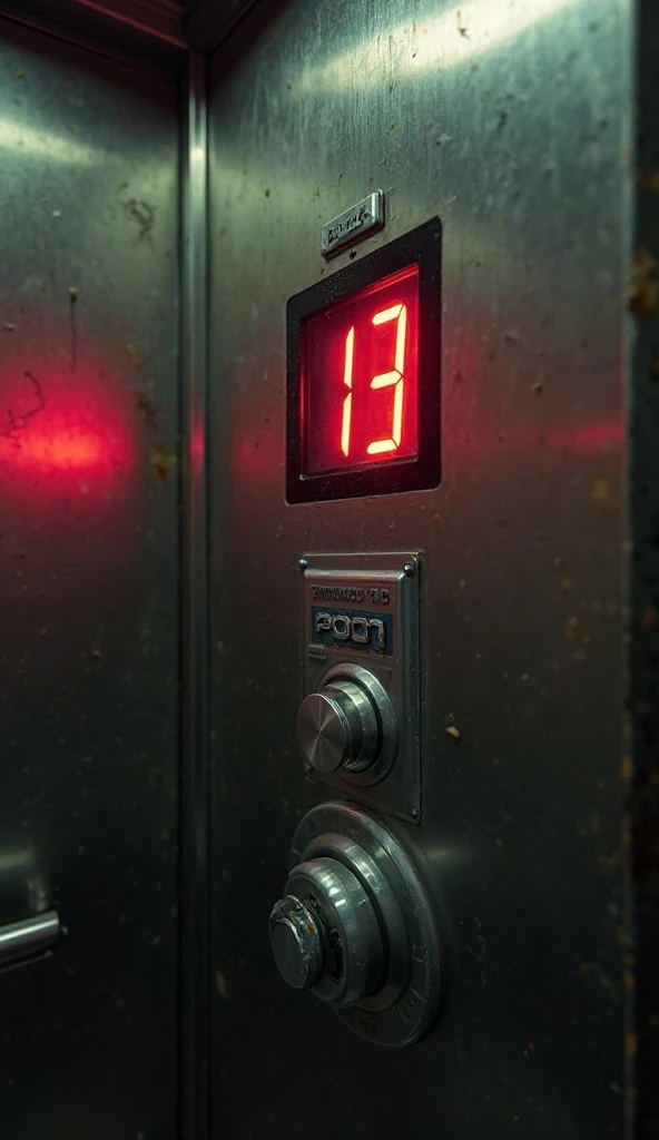 Another elevator panel in an old commercial building. The number '13' blinks, but now with an even stronger and more intense light. The digital screen of the panel seems to be interfering, as if it were shattering reality. The edges of the elevator are a b...