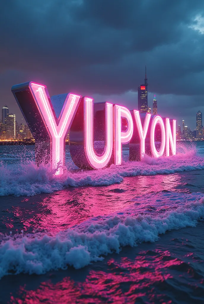 Beautiful writing  "Yupyon"  lights up in capital letters、multi-colored near the city, Splashing in seawater  , and splashes ,  neon effects near the city , portrait