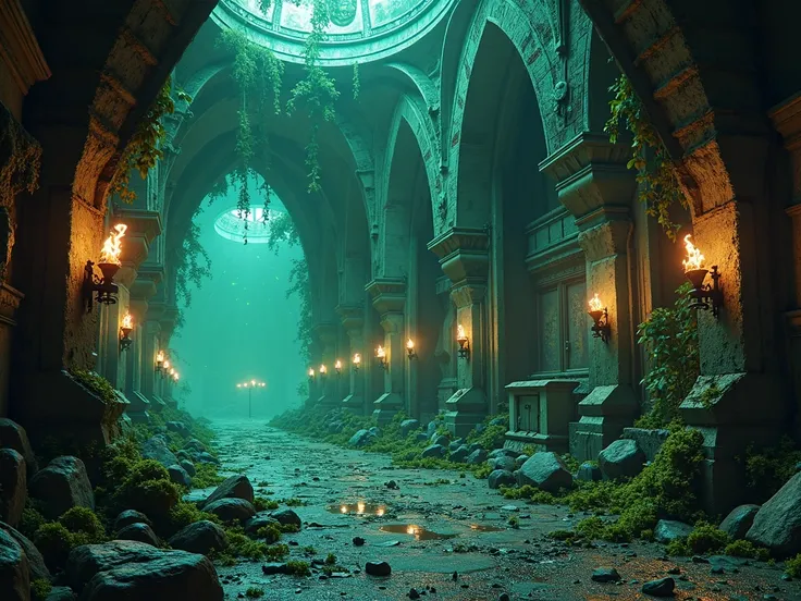 Death guard, Warhammer 40k,  intérieur de vaisseau spatial, machine, armée , lumières bleu sur les torches, obscur, grimdark, lumière d'ambiance verte, rajoute de la décrépitude, rajoute de la verdure comme des ronces et de la mousse, je ne veux pas de per...