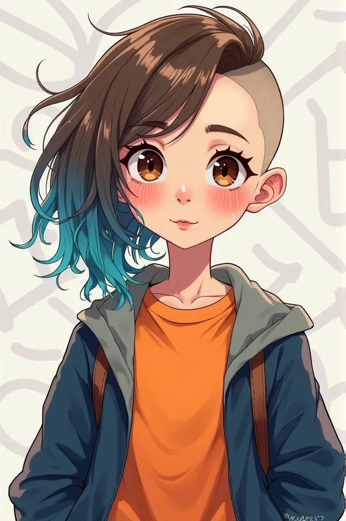 Une image de dessin animé d'une fille au cheveux d'un côté très court et de l'autre court, Chestnut with blue locks, with brown eyes, with an orange and blue sweatshirt and a black jacket