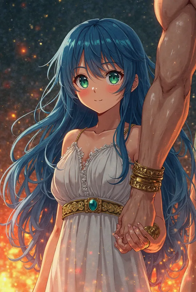 An adult girl with long blue hair. Green eyes. Dressed in Greek dress. A huge, pumped-up man grabbed the girl’s hand. Wet watercolor anime. Legs in gold bracelets. Fear. Dark colors. Everything's on fire. Anime stail