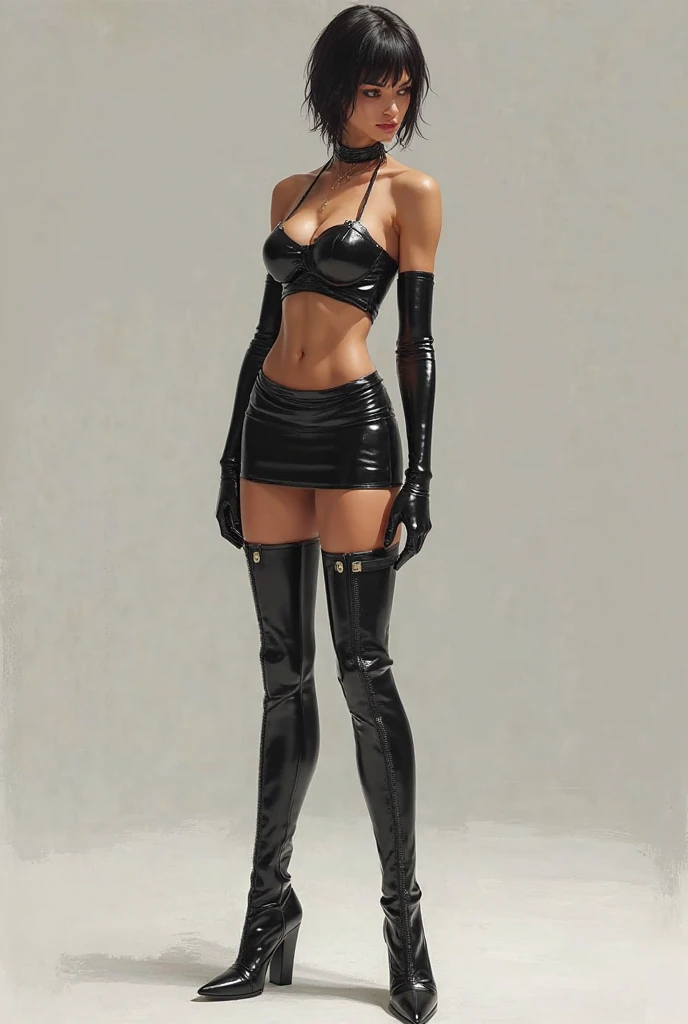 Let the dress be very tight and wear leather long boots with a crop and a mini skirt