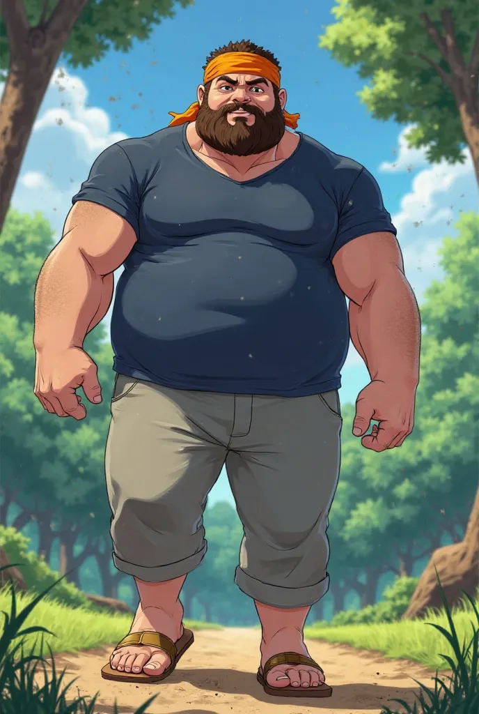 Strong Man, bearded, muscular, less chubby, round face, in Anime, wearing his orange bandana around his head, wearing his Navy-blue shirt, gray pants, bronze sandals on his feet, at the park, he stomps on me with his feet, view from the bottom