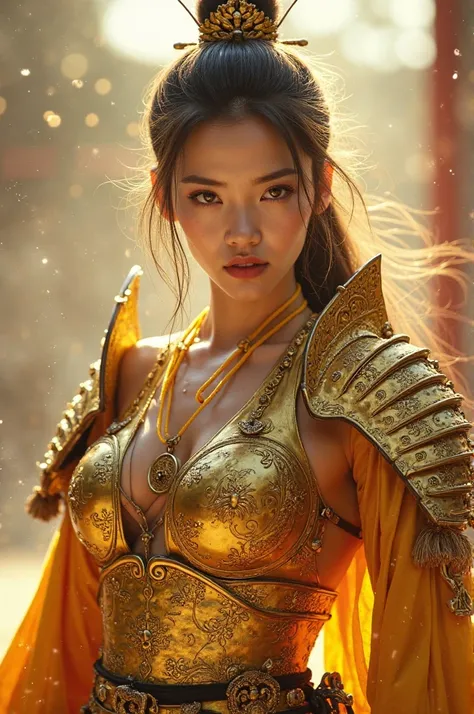 a Korean woman, Golden eyes and hair, wearing curvy Japanese golden armor,  lightly showing her breasts , holding a katana,  tongue , bright, clear lighting,  firm face, imposing, 