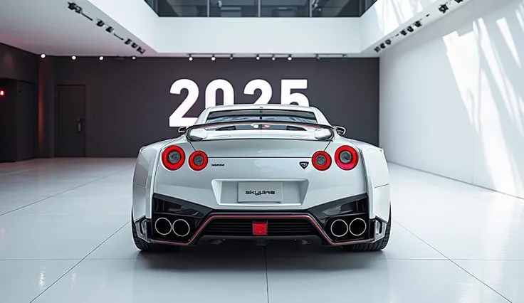 A captivating image of a (2025 Nissan skyline) taking center stage in a luxurious white showroom. The futuristic, vibrant (white) exterior gleams, showcasing its sleek, aerodynamic design and bold accents. The words (2025  Nissan skyline)are prominently di...