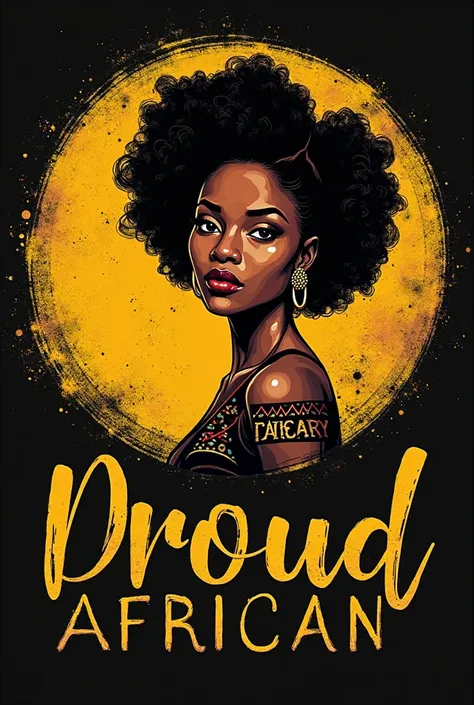 Logo d'une boutique de produits de beauté '' Fière africaine '' en couleur jaune et noir avec le nom de la boutique écrit autour du logo 