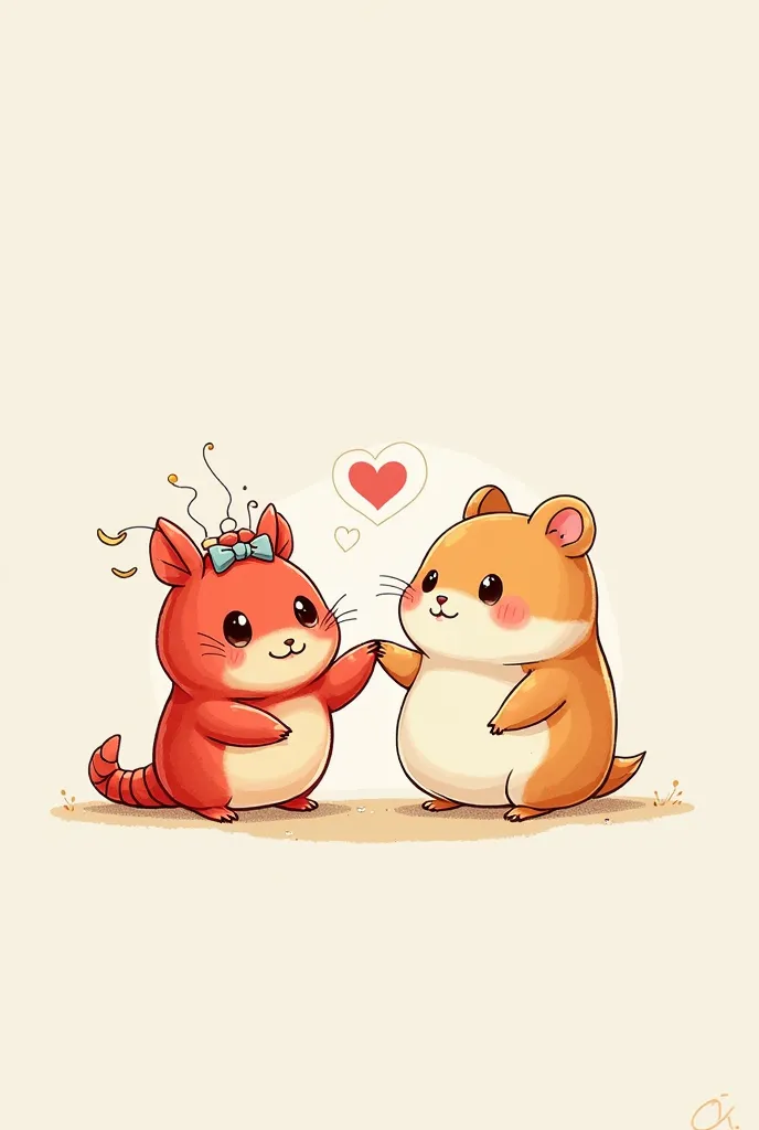 Please draw a drawing of cute couple - girl lobster with a few bows on her head and boy hampster and they're holding hands and they're very cute and small and happy