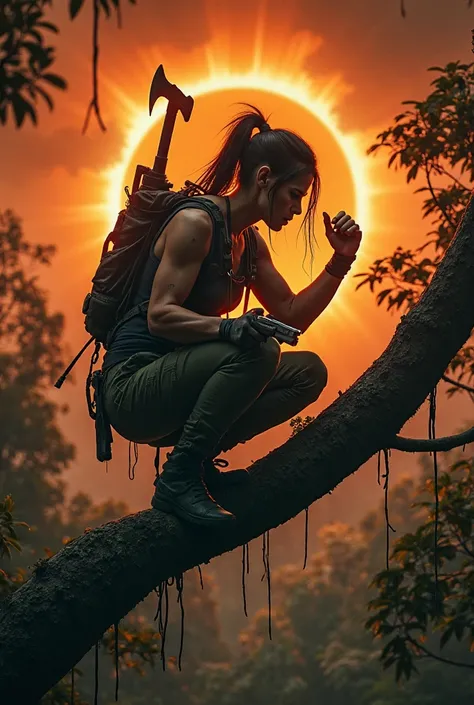 A rugged female adventurer crouches on a tree branch, poised with an axe in one hand and a weapon in the other. She is dressed in tactical gear, showing signs of wear and dirt, against a dramatic backdrop of a solar eclipse. The orange and dark hues of the...