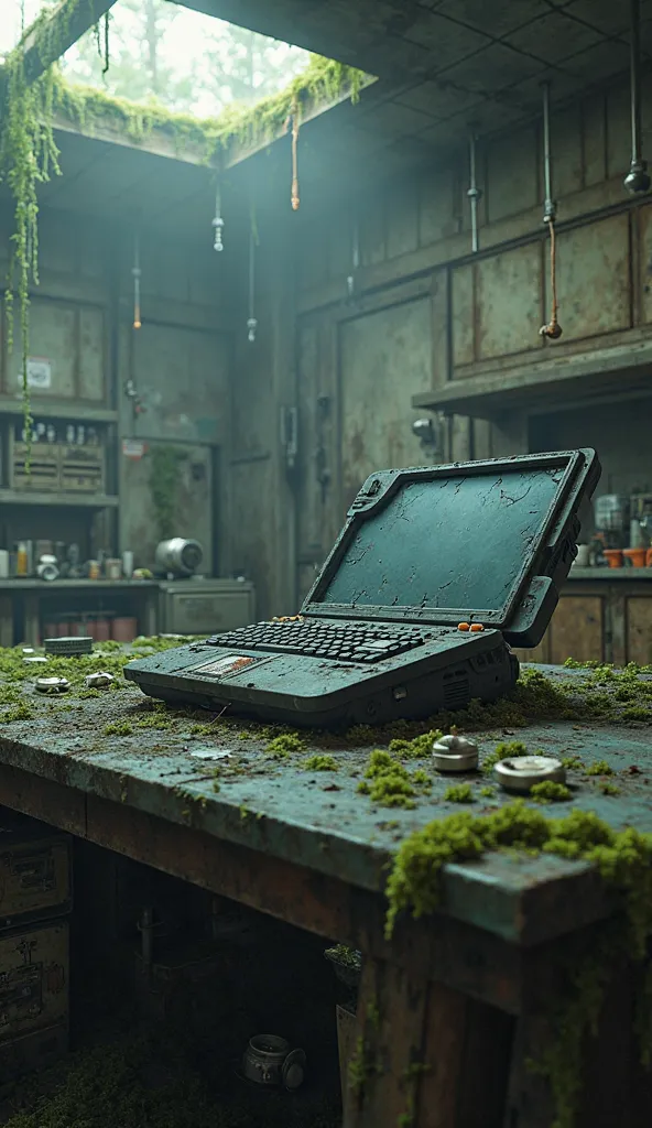 A modern computer , broken, On a table, Destroyed Futurist Laboratory, moss