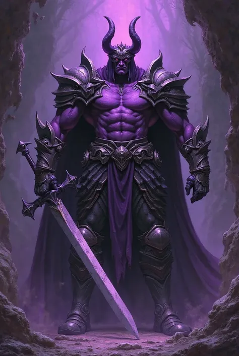 A tall and large knight of darkness, his chestplate revealing his bare chest on the top section, purple skin, with 2 horns on his helmet, no visible face, and a long heavy sword as weapon, RPG style, purplish tones