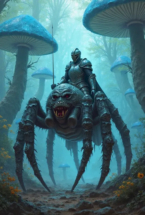 Knight riding a giant tarantula,  in a fantasy forest of giant blue mushrooms