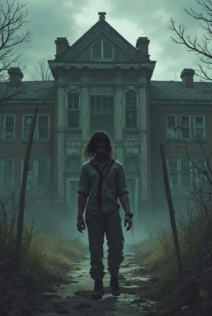 Make me a janitor who looks scared who has long hair and is infront of a haunted looking school for a s book 