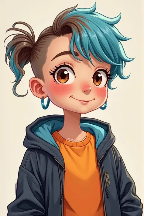 Une image de dessin animé d'une fille au cheveux d'un côté très court et de l'autre court, Chestnut with blue locks, with brown eyes, with an orange and blue sweatshirt and a black jacket