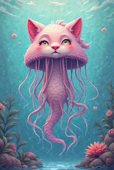 It generates jellyfish, The Greek figure. placed in front of, Half-length . It has cats, instead of hair. ALL IN CARTOON STYLE. 