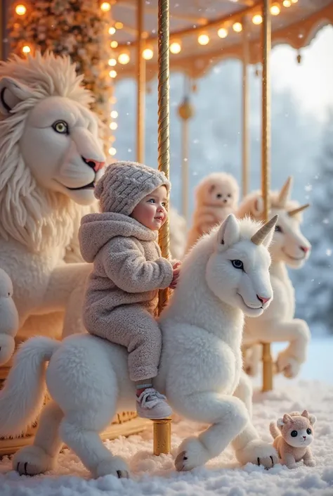 Voici un prompt détaillé pour une image photoréaliste du carrousel en peluche :

Prompt (en anglais) :
A breathtaking winter scene featuring a whimsical carousel entirely covered in plush fur. The carousel is set in a snowy landscape with softly falling sn...